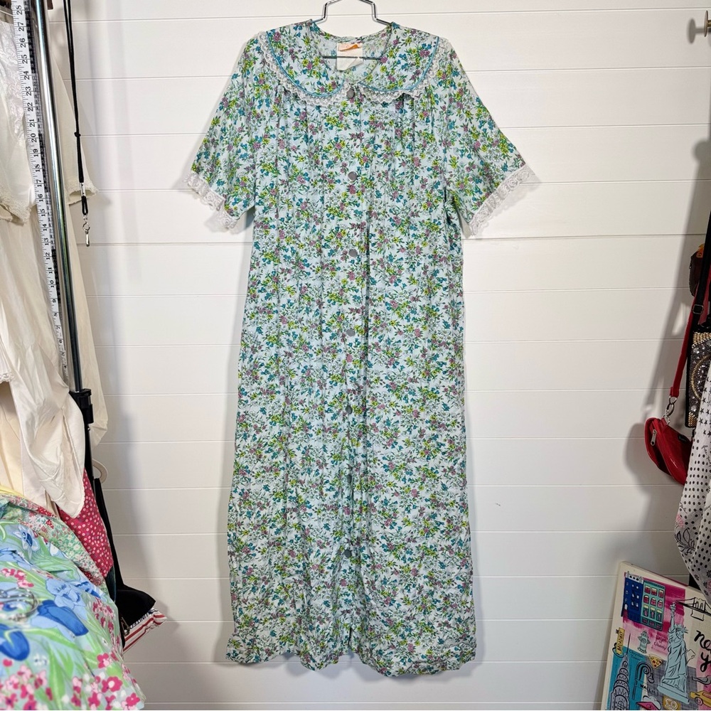 Vtg Sears women’s floral house coat dress button up Side Pocket guesstimate 16 - Picture 2 of 12